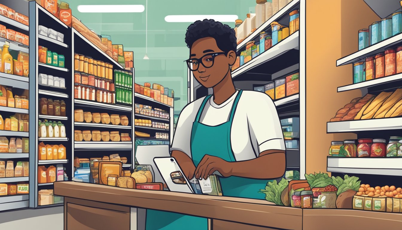 A person swipes a grocery credit card at the checkout counter, surrounded by shelves stocked with various food items. The card features prominent branding and offers exclusive benefits