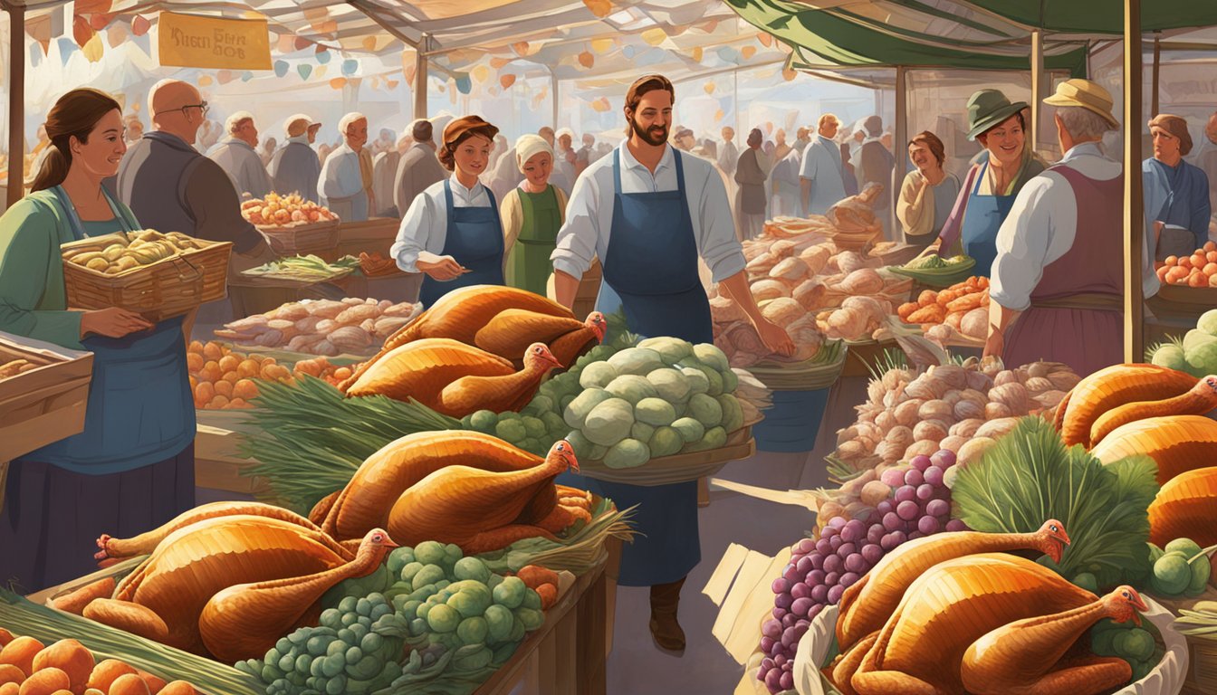 A bustling market stall displays rows of plump turkeys, glistening in the sunlight. A sign proudly proclaims "Fresh Turkeys for Your Festive Feast" as shoppers eagerly select their perfect bird