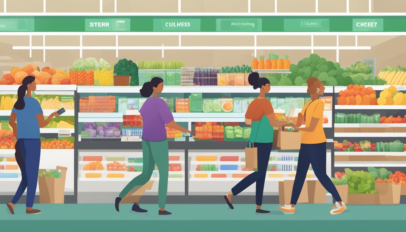 A bustling grocery store with shelves stocked with fresh produce, packaged goods, and household essentials. Customers swipe their top grocery credit cards at the checkout counter