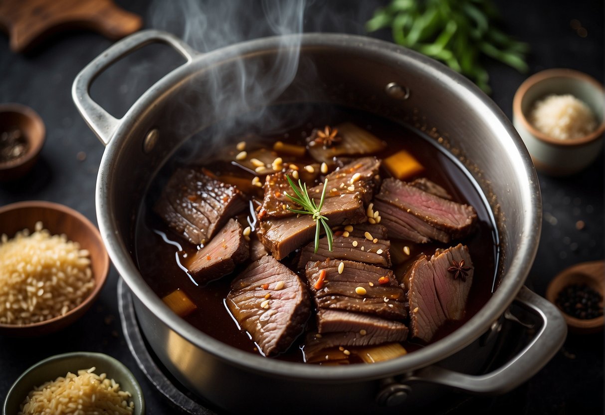 Beef brisket simmering in soy sauce, ginger, and star anise. Steam rising from the pot, filling the kitchen with rich, savory aroma
