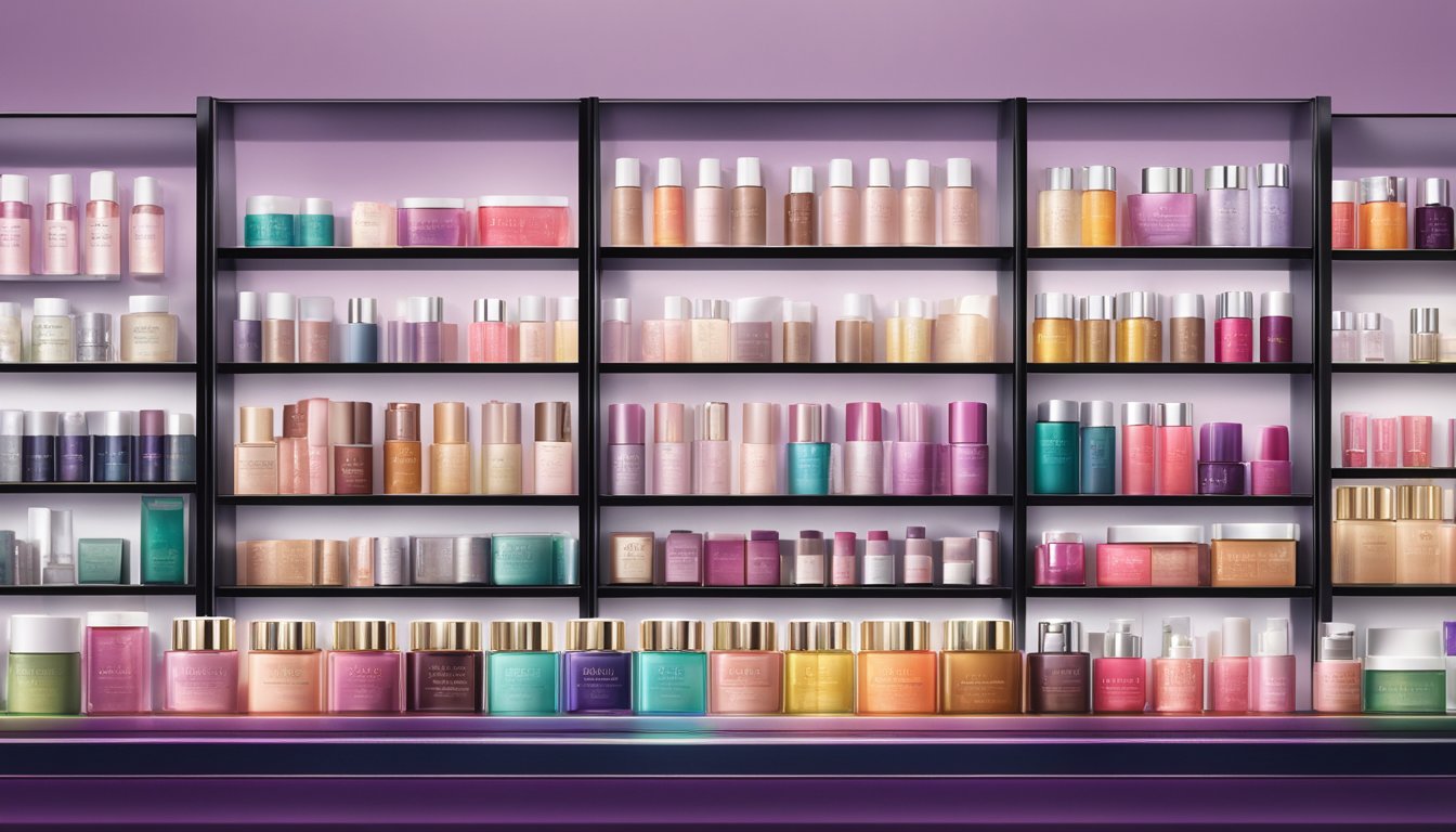 A display of Takashimaya cosmetics brands arranged on sleek, modern shelves with soft, ambient lighting highlighting the elegant packaging and vibrant colors