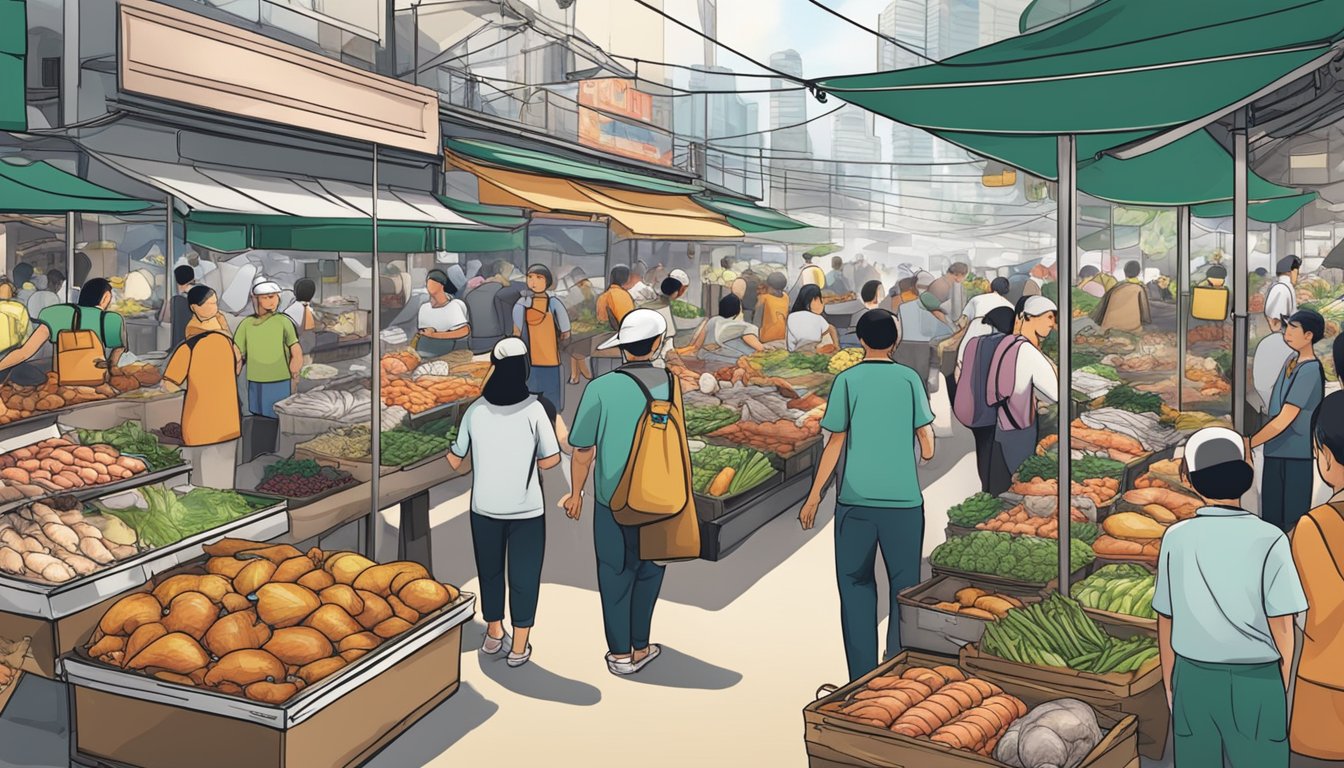 A bustling market with various vendors selling fresh turkeys in Singapore. Customers inquire about prices and options at different stalls