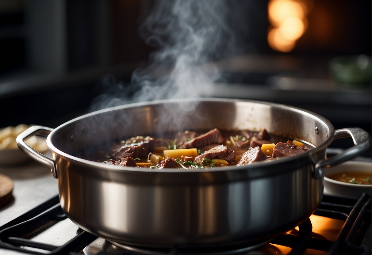 A pot simmering on a stove with chunks of tender beef brisket, soy sauce, ginger, and star anise. Steam rising, rich aroma filling the kitchen