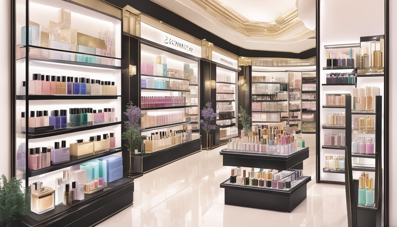 A display of luxurious cosmetics brands at Takashimaya, showcasing exclusive beauty finds
