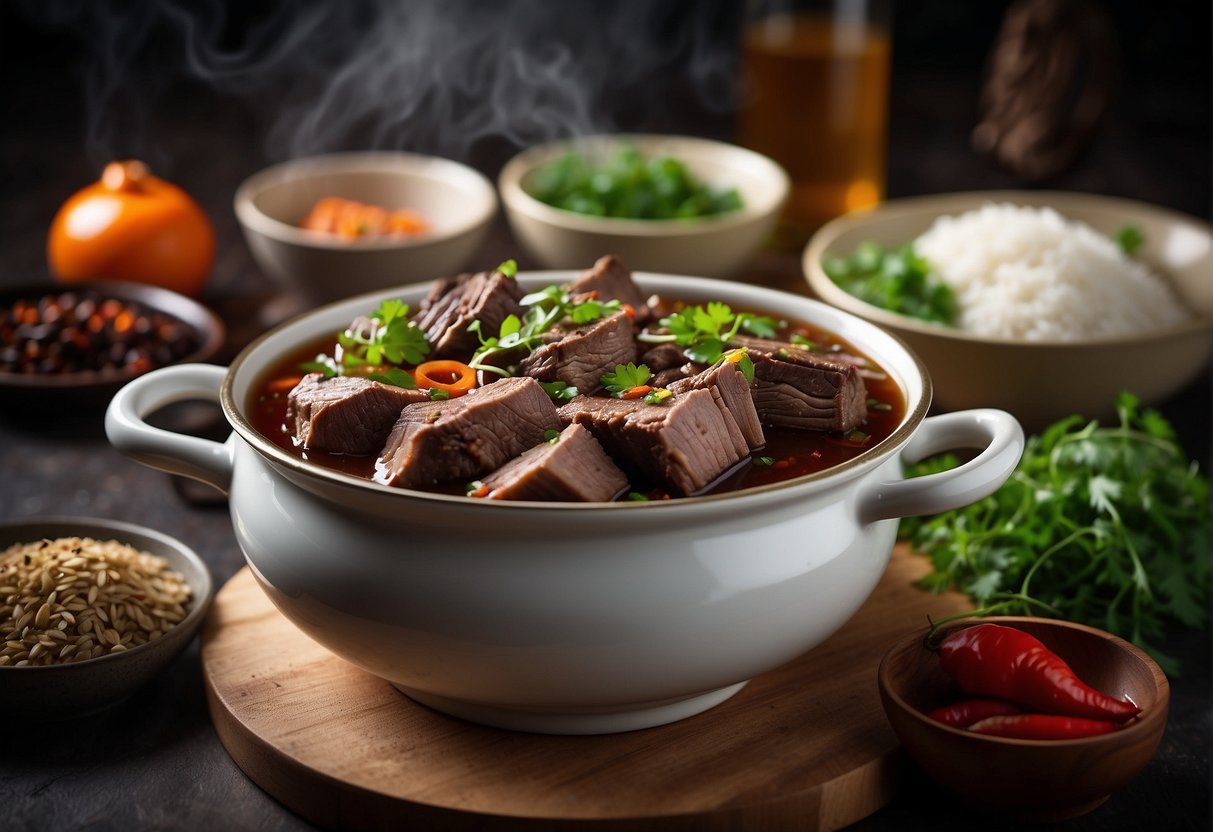 A steaming pot of Chinese braised beef brisket, surrounded by vibrant spices and herbs, with a side of fluffy steamed rice and a glass of red wine