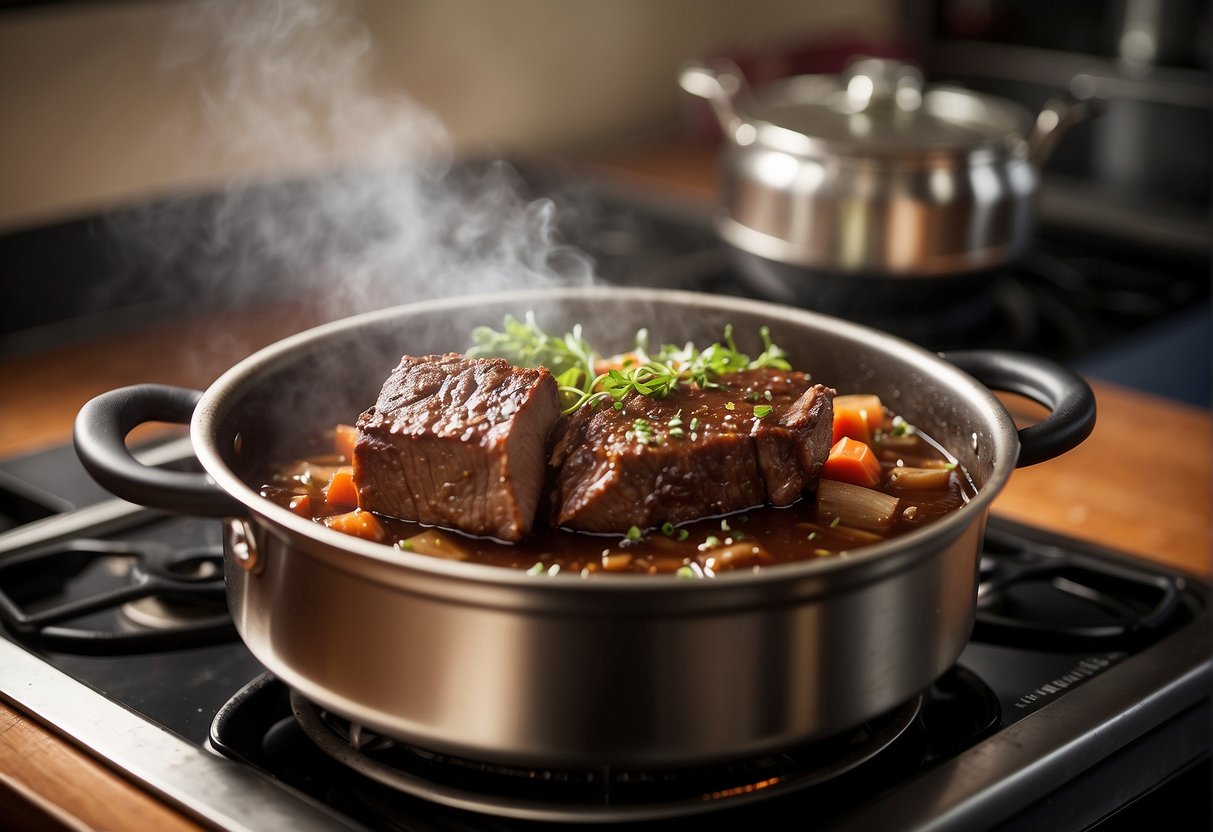 A pot of Chinese braised beef brisket sits on a stove, steam rising as it simmers. A microwave nearby stands ready to reheat the tender meat