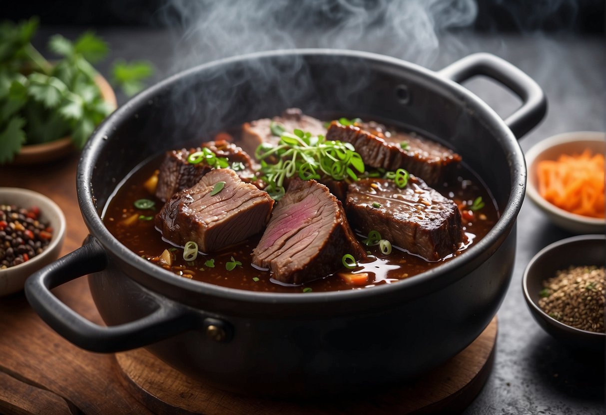 A simmering pot of Chinese braised beef brisket, surrounded by aromatic spices and herbs, with steam rising from the tender meat