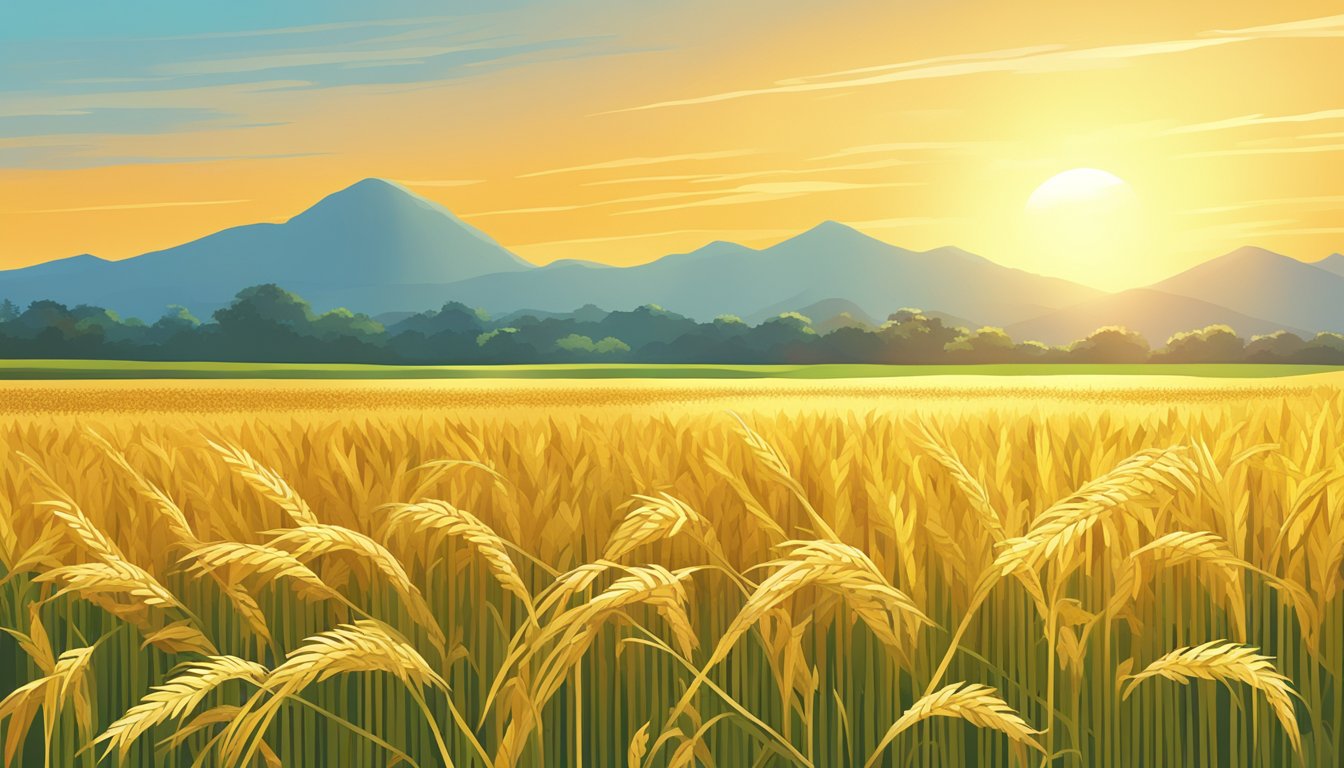 A golden sun shining over a field of ripe rice stalks