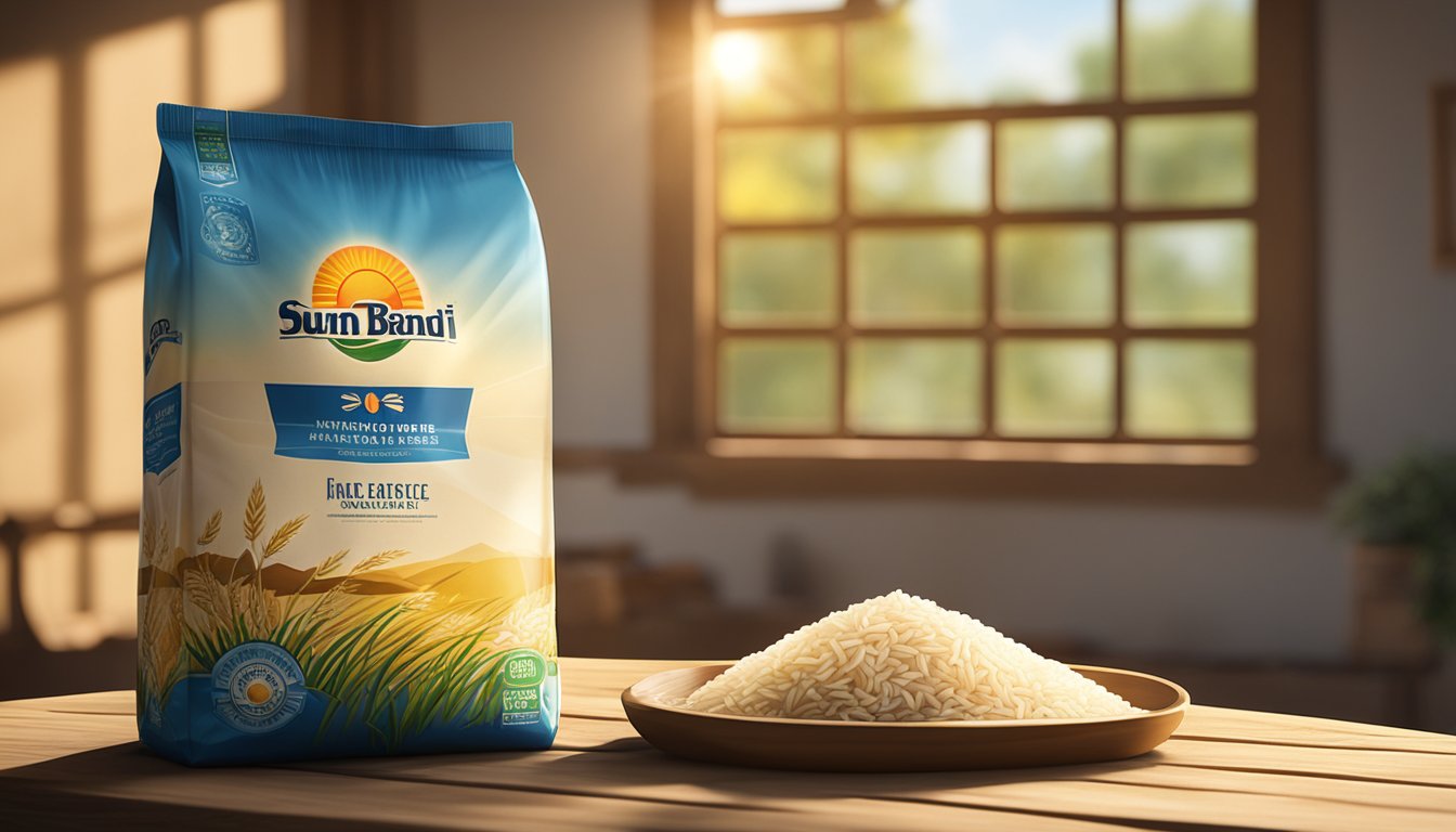 A bag of Sun Brand Rice sits on a rustic wooden table, with sunlight streaming in through a nearby window, casting a warm glow on the packaging