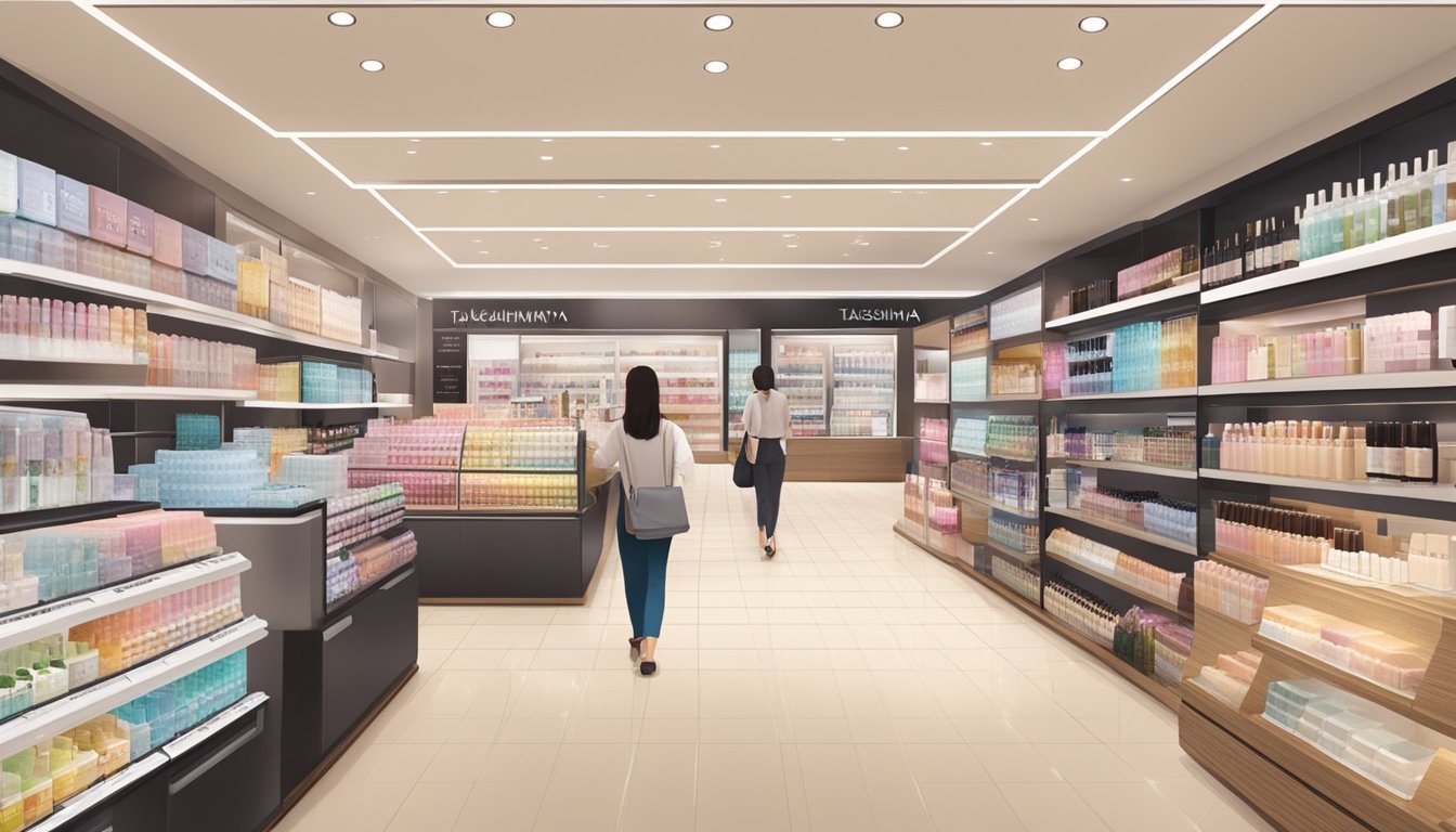 Customers browse Takashimaya cosmetics, enjoying a seamless shopping experience. Shelves are stocked with various brands, and a sleek, modern layout enhances the atmosphere