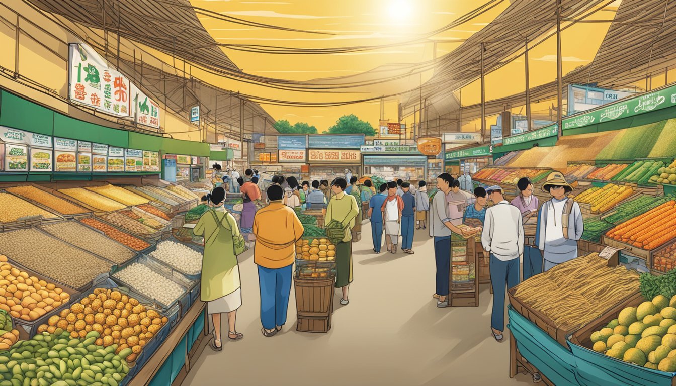 A bright sun shines over a bustling market, highlighting the Sun Brand rice display. Customers browse the aisles, enjoying an enhanced shopping experience