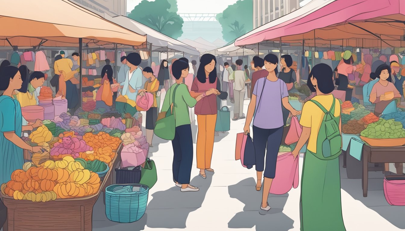 A bustling Singapore street market, with colorful stalls selling wigs of various styles and lengths. Customers browse and try on different wigs, while vendors assist them with their selections