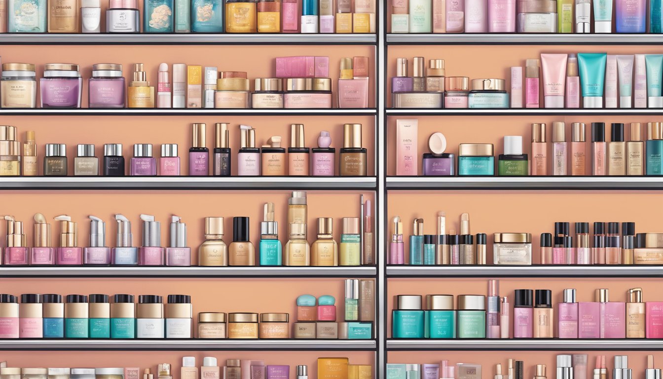 A display of popular cosmetics brands at Takashimaya, with vibrant packaging and clear labels, arranged neatly on shelves for easy browsing