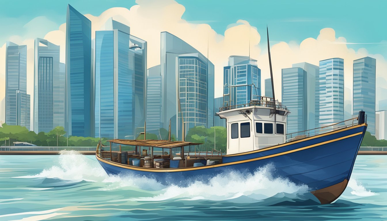A fishing boat sails through the waters of Singapore, with the city skyline in the background