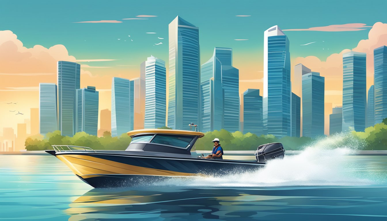 A sleek fishing boat glides through the sparkling waters of Singapore, with the city skyline in the background