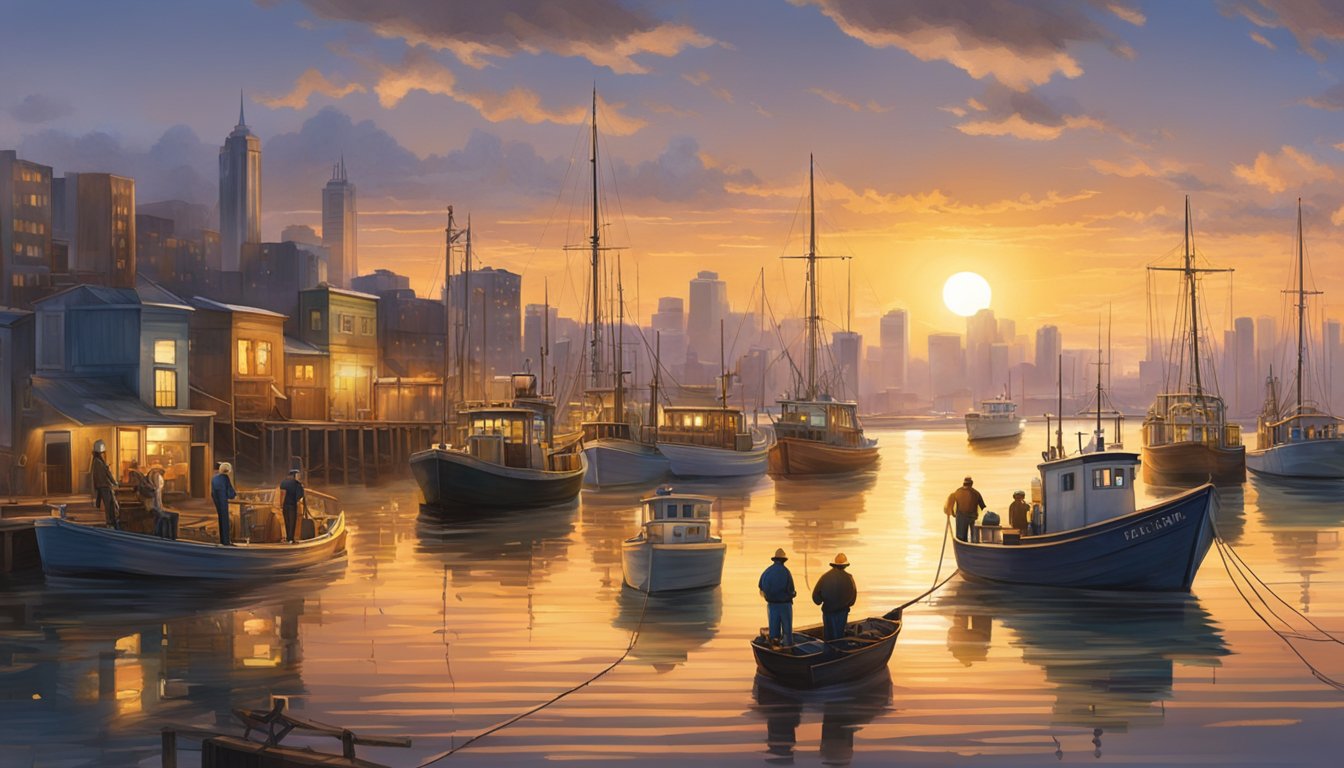 A fishing boat sails into the harbor, its crew securing ropes and unloading crates of fresh catch. The sun sets behind the city skyline, casting a warm glow over the bustling scene