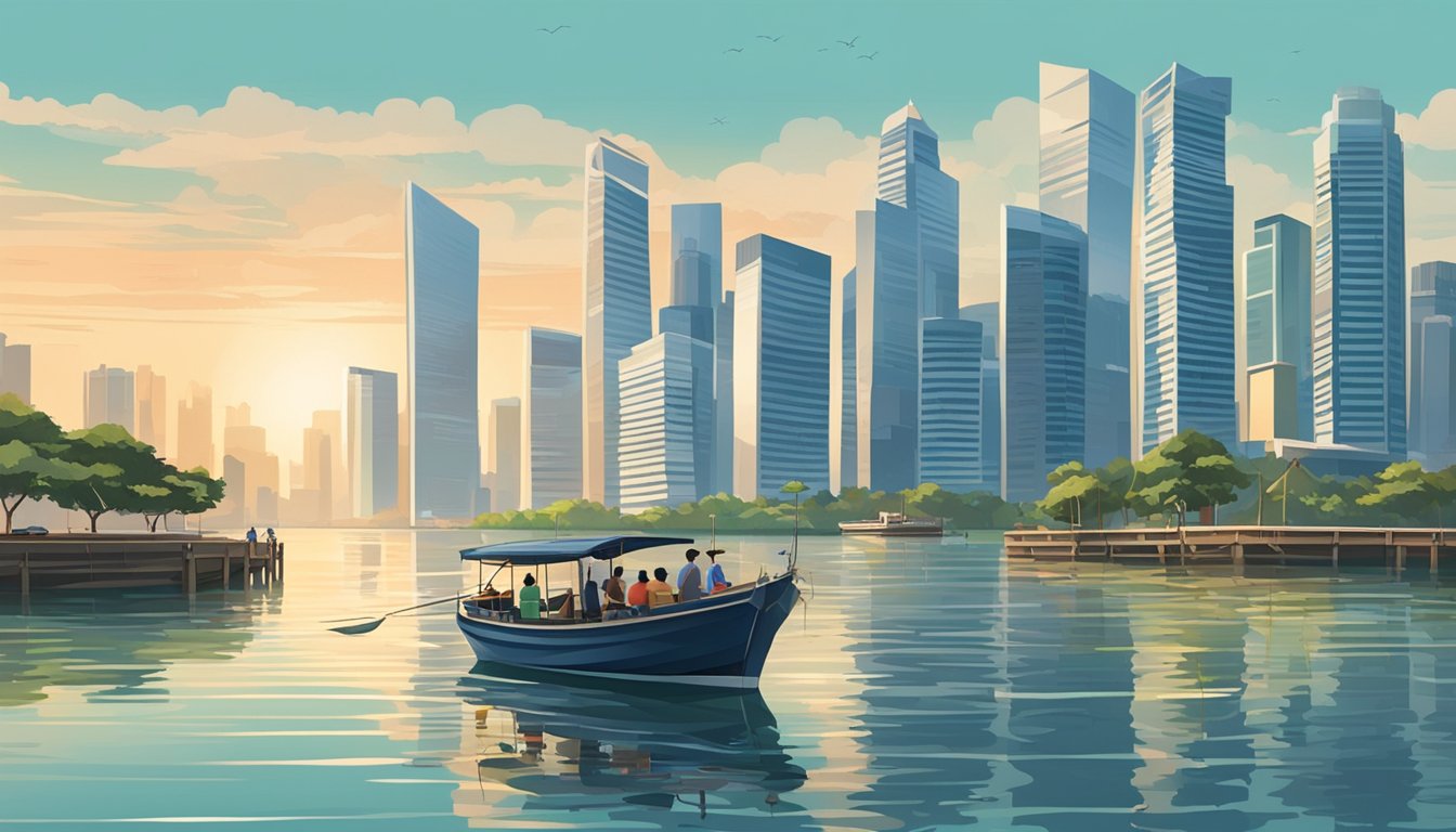 A fishing boat sailing on calm waters with the Singapore skyline in the background, while a group of people engage in fishing activities on the deck