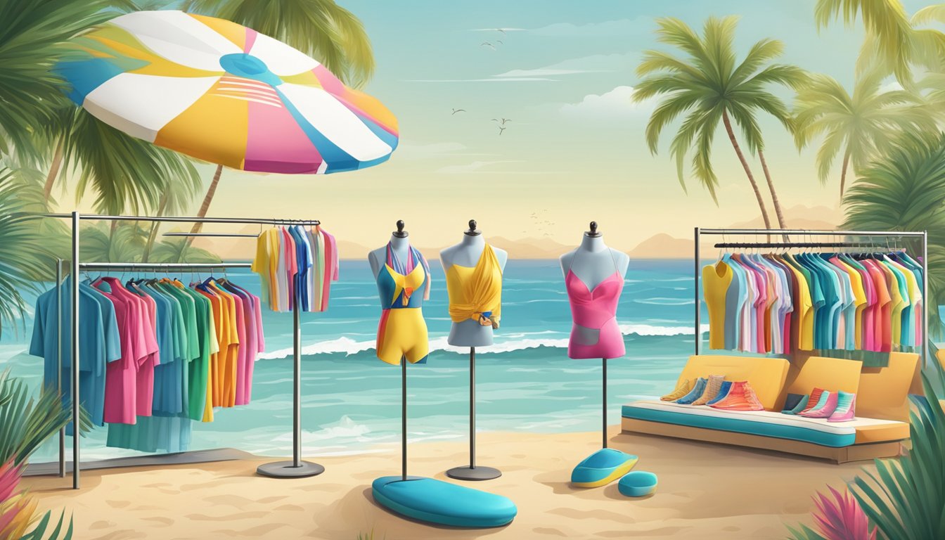 A beach with colorful surf swimwear brands displayed on racks and mannequins, surrounded by palm trees and waves crashing in the background