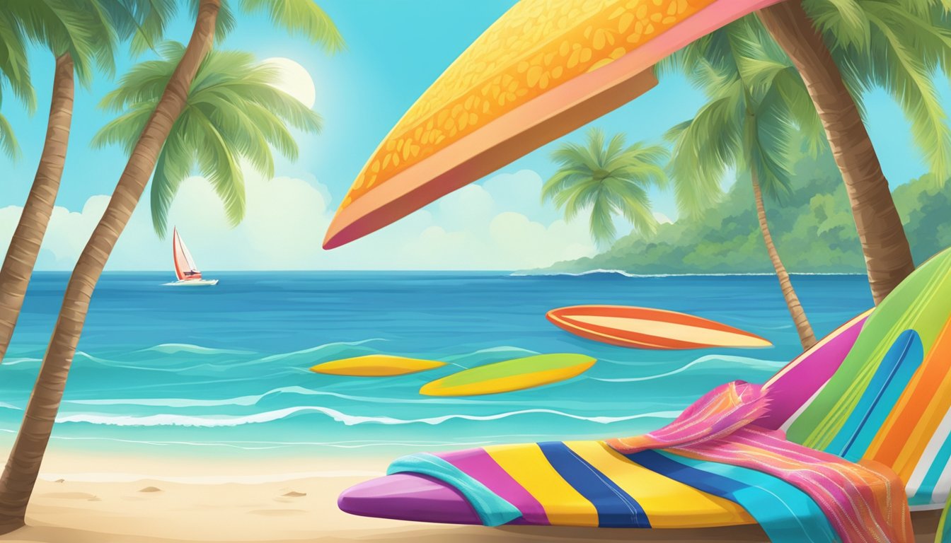 Vibrant beach scene with surfboards, palm trees, and trendy swimwear displayed on a colorful beach towel