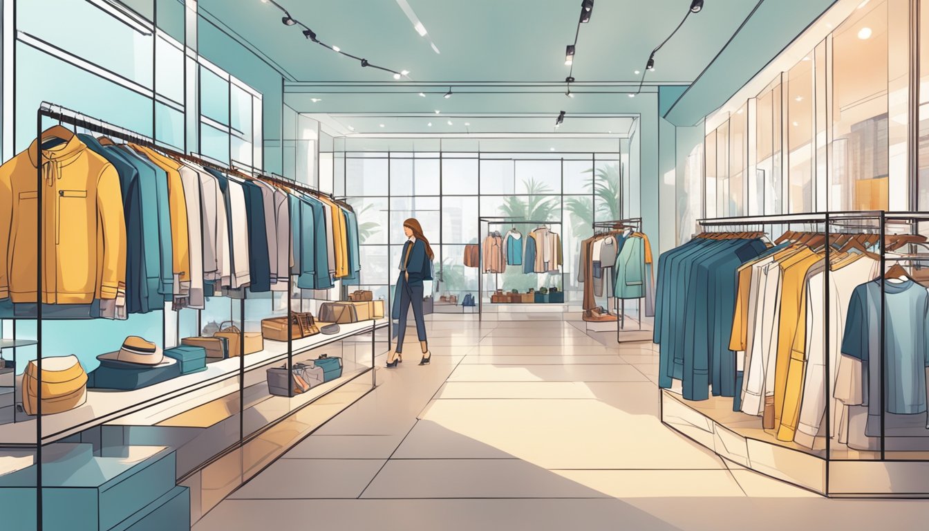 A brightly lit store with sleek displays of trendy clothing and accessories. Customers browse and interact with the merchandise, creating a lively and stylish atmosphere
