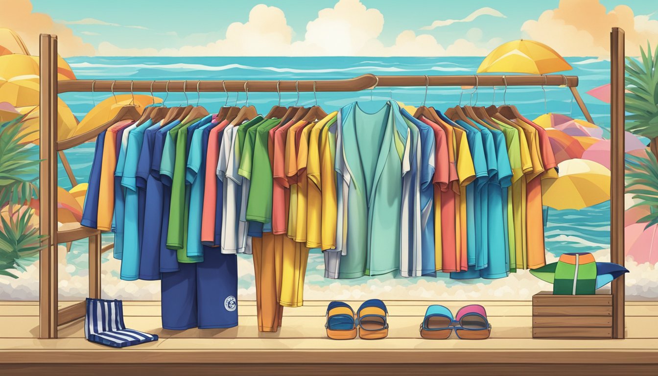 A beach scene with colorful surf swimwear brands displayed on a rack, with waves crashing in the background