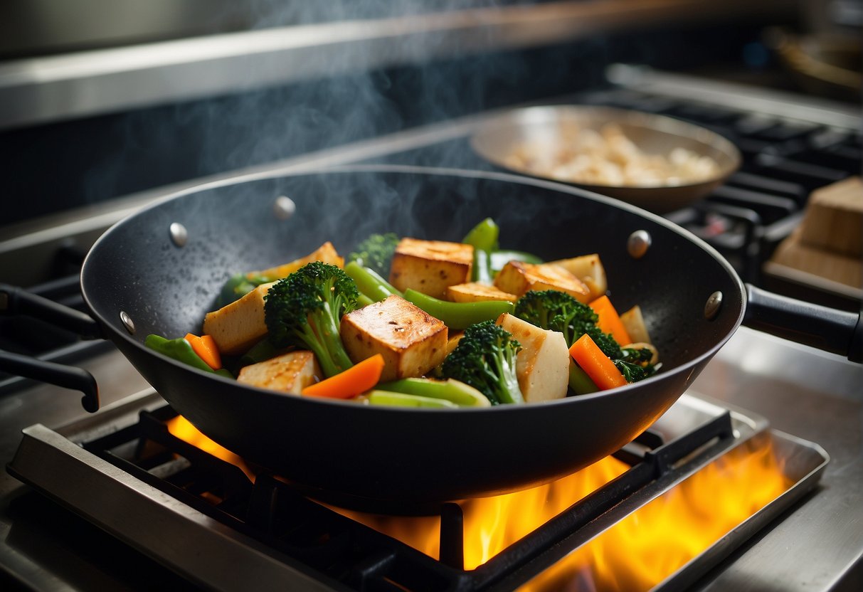A wok sizzles with stir-fried vegetables and tofu. A pot simmers with fragrant broth. Ingredients line the counter