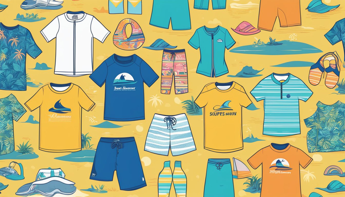 A lineup of surf swimwear brands with bold logos and vibrant colors displayed on a beach-themed backdrop