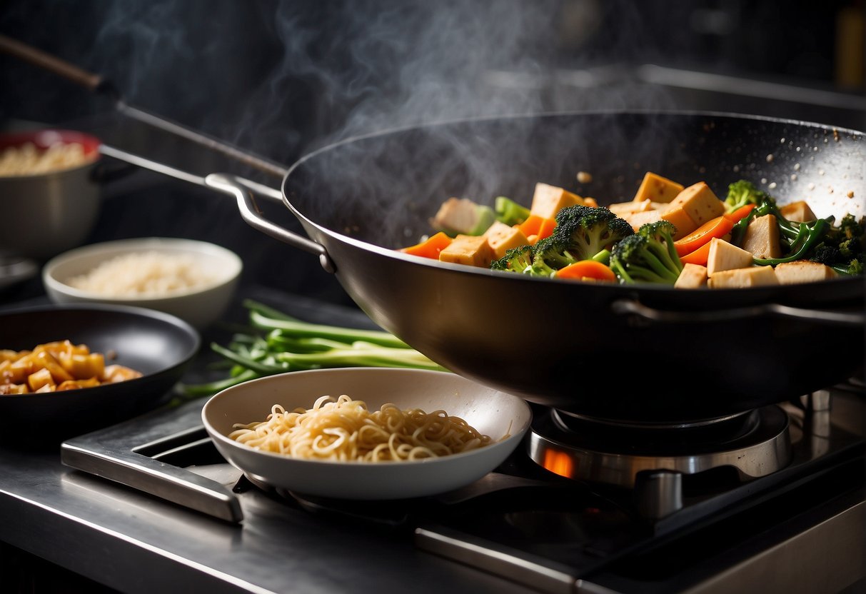 A wok sizzles with stir-fried vegetables and tofu. A pot boils noodles. Ingredients like ginger, garlic, and soy sauce sit on the counter