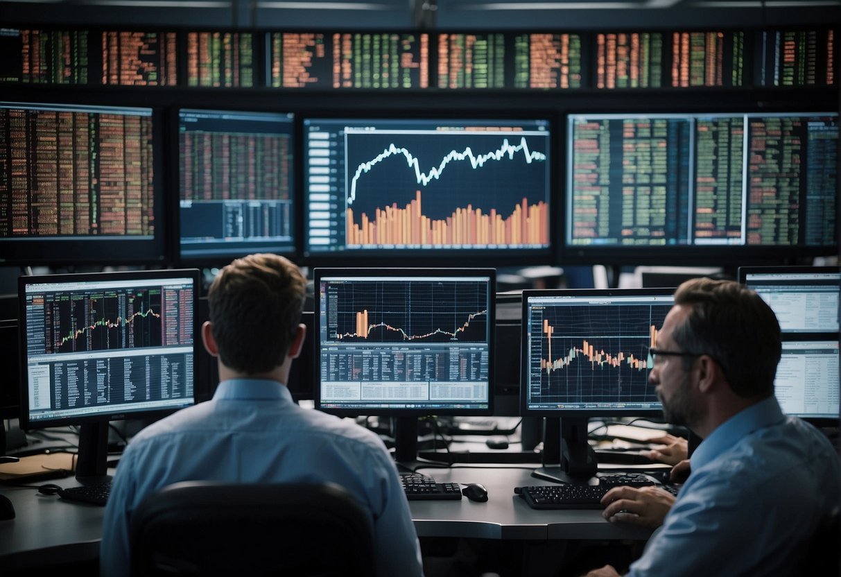 A crowded trading floor with screens displaying stock, bond, and commodity prices. Traders are frantically analyzing data and making split-second decisions