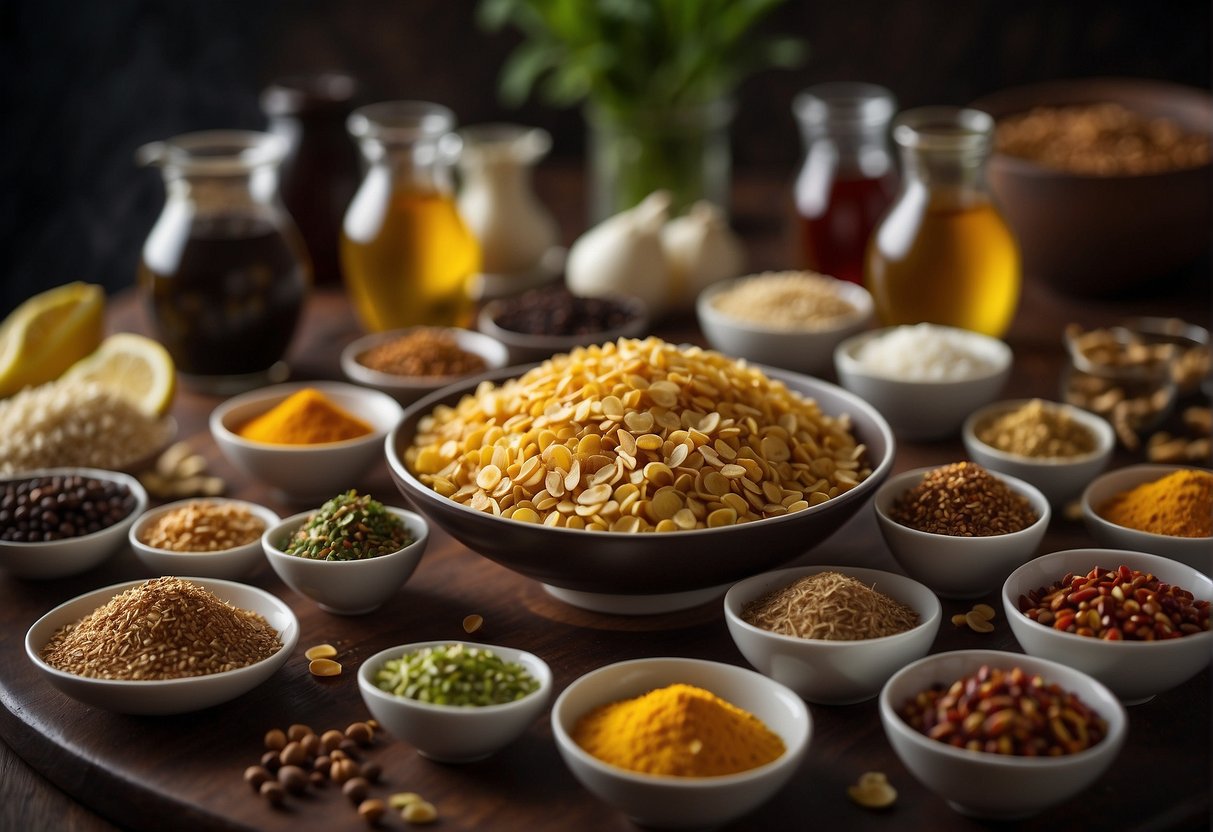 A table filled with assorted flavor enhancers and seasonings, including soy sauce, vinegar, garlic, ginger, and chili flakes