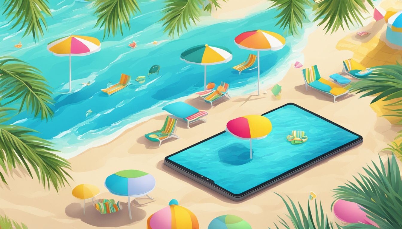 A vibrant beach scene with colorful swimwear brands displayed on a digital device, surrounded by palm trees and a clear blue ocean