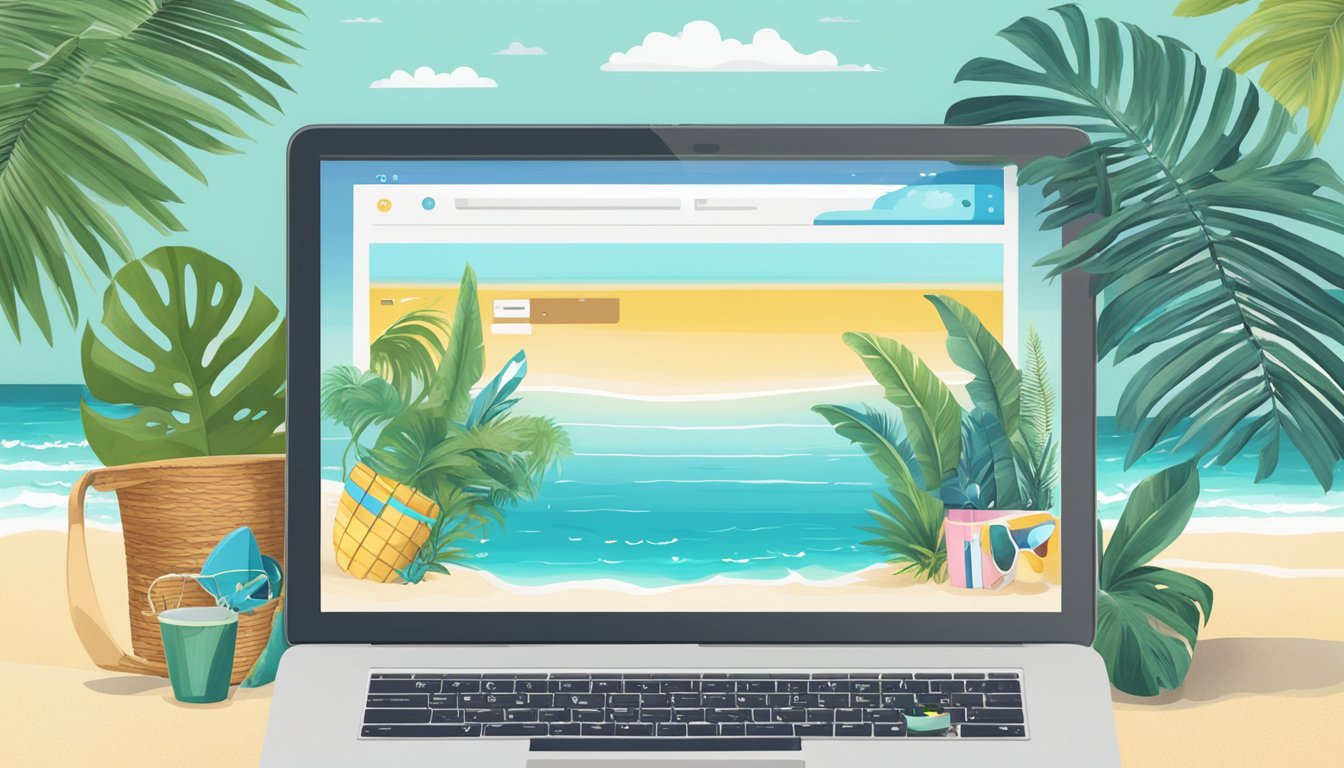 A laptop displaying various swimwear brands' websites, surrounded by beach-themed decor and tropical plants