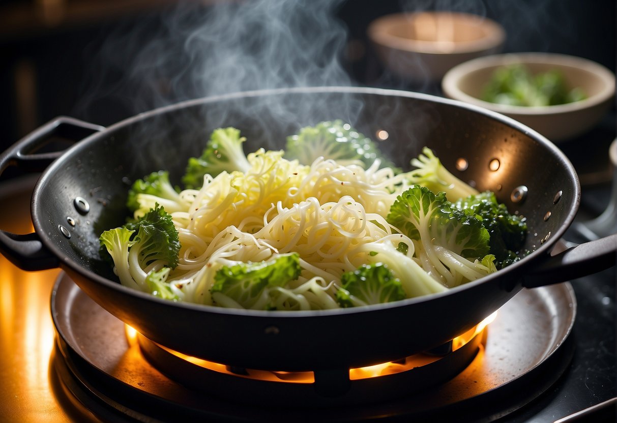 A wok sizzles with cabbage, soy sauce, ginger, and garlic. Steam rises as the cabbage simmers in a rich, savory sauce