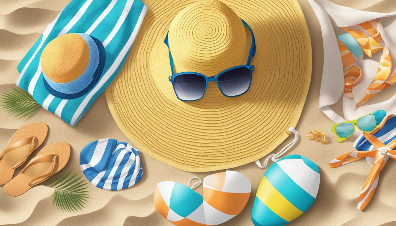 A beach towel, sun hat, sunglasses, and a beach bag arranged next to a colorful swimsuit on a sandy beach