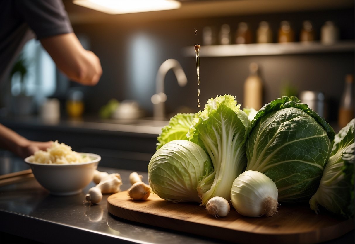 A hand reaching for a head of cabbage, ginger, garlic, and soy sauce on a kitchen counter