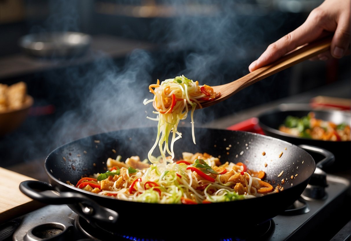 A wok sizzles with oil as cabbage is tossed in. Ginger, garlic, and soy sauce add fragrance to the air. Red chili flakes and sugar are sprinkled in, creating a sweet and spicy aroma