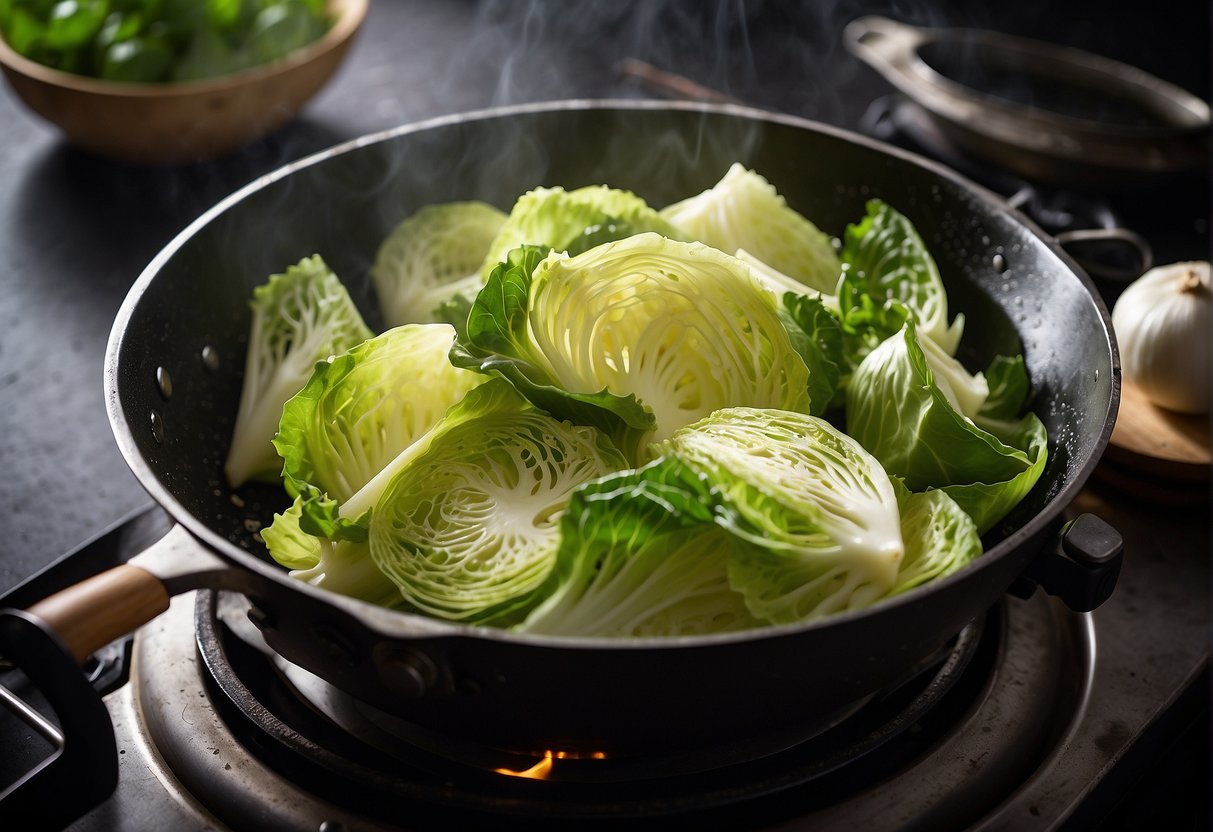 Cabbage slices sizzle in a wok with garlic, ginger, soy sauce, and sugar. Steam rises as the cabbage softens and absorbs the savory flavors