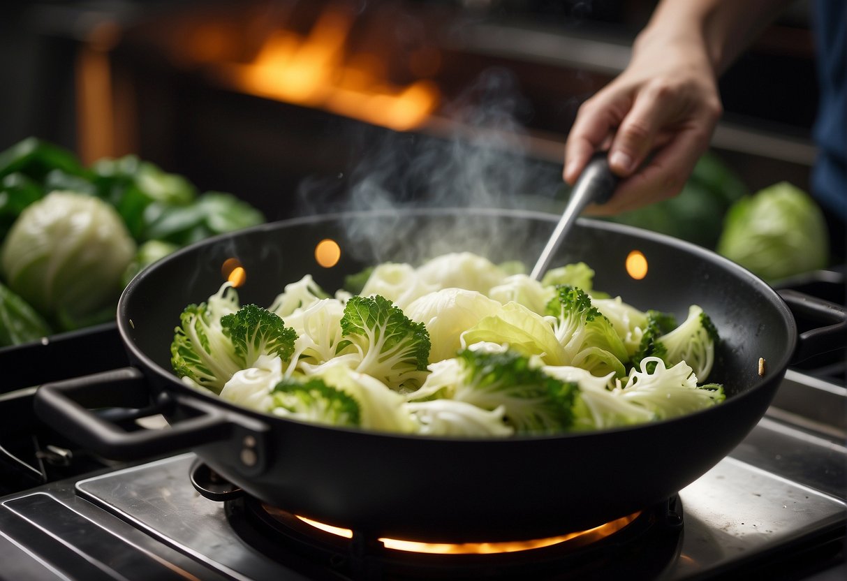 A wok sizzles as sliced cabbage simmers in soy sauce, ginger, and garlic. Steam rises, carrying the aroma of savory braised cabbage