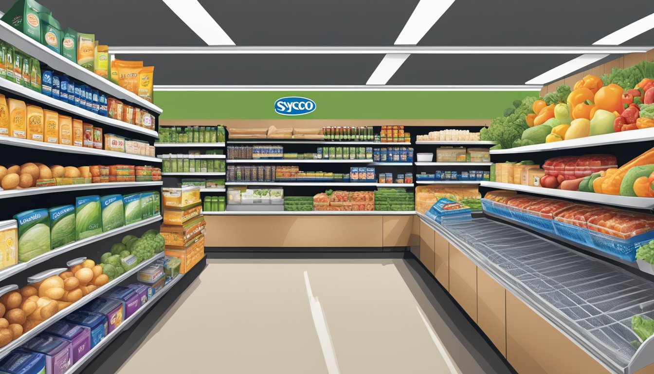 A display of Sysco brand products arranged on shelves in a grocery store