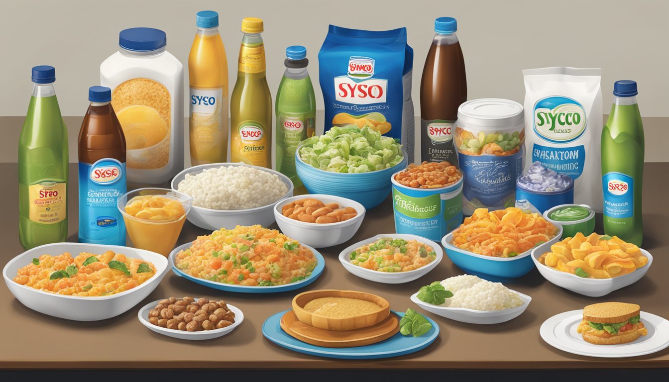 A table filled with various Sysco branded products, including food and beverage items, neatly arranged and displayed for a portfolio showcase