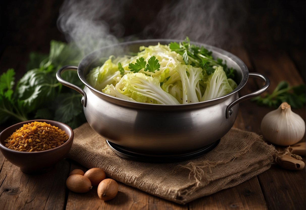 A steaming pot of Chinese braised cabbage surrounded by aromatic spices and herbs on a rustic wooden table