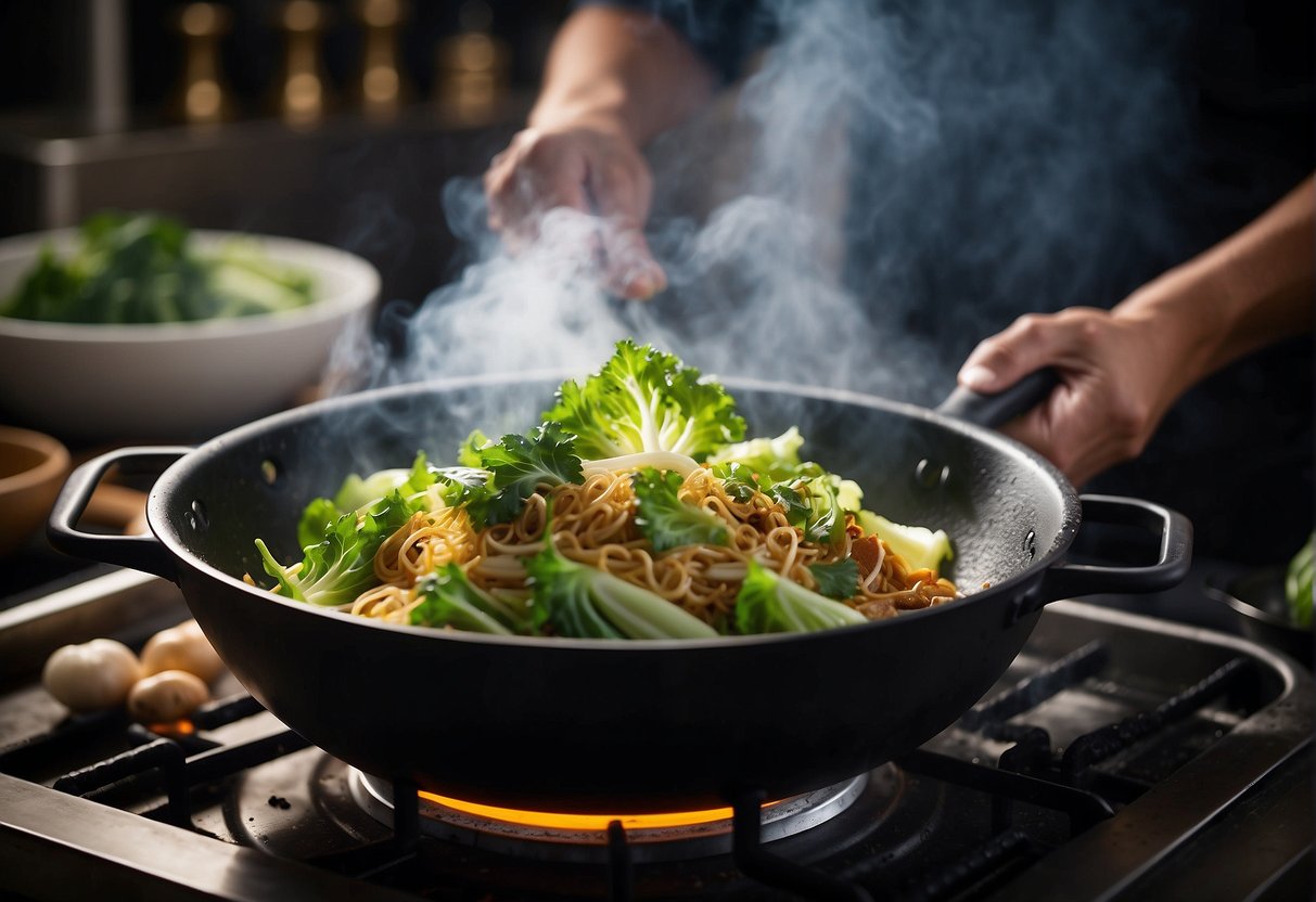 A wok sizzles with Chinese cabbage, soy sauce, and spices. Steam rises as the ingredients simmer, filling the kitchen with a savory aroma