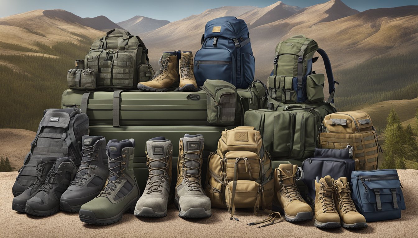 A display of tactical wear brands, including vests, backpacks, and boots, arranged on a rugged terrain backdrop