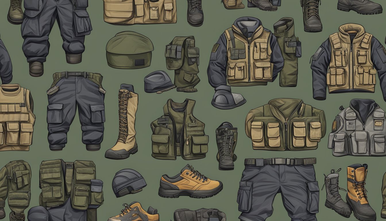 A display of tactical wear brands, including vests, pants, and boots, arranged on a rugged backdrop with a military aesthetic
