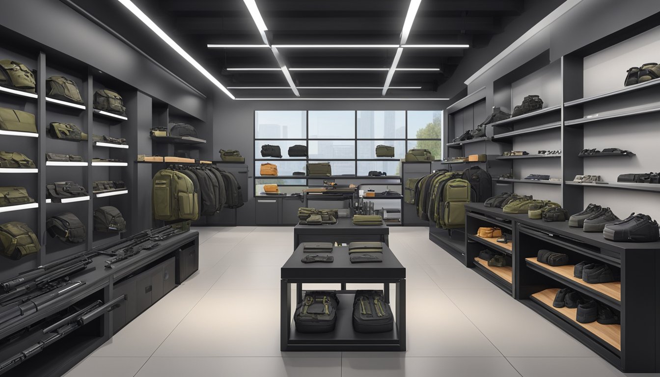 Specialised Tactical Gear and Accessories displayed on sleek, modern shelves in a well-lit showroom