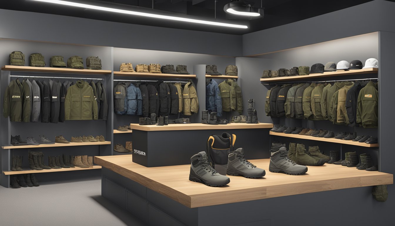 A display of tactical wear brands with FAQ signage and product samples