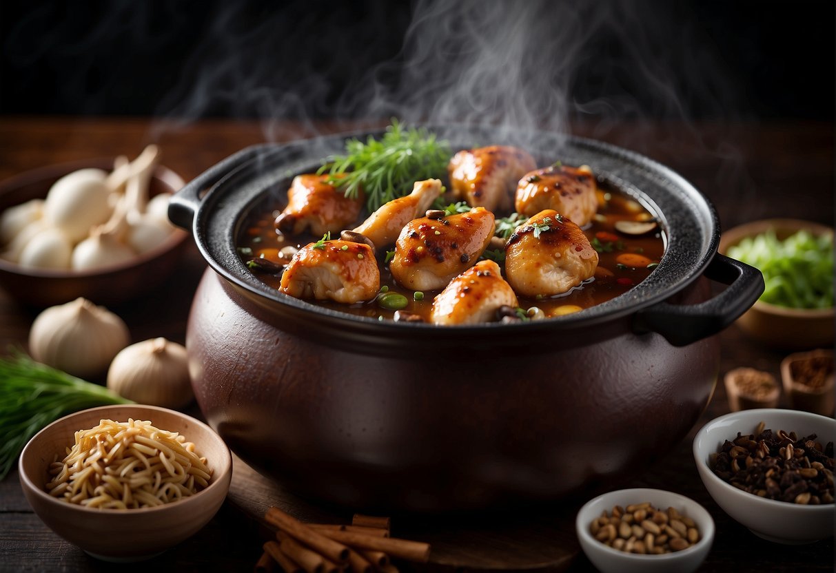 A pot of bubbling Chinese braised chicken and mushrooms, surrounded by aromatic spices and herbs, with steam rising from the dish