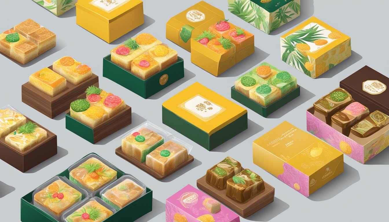 A table with various taiwan pineapple cake brands displayed in colorful packaging