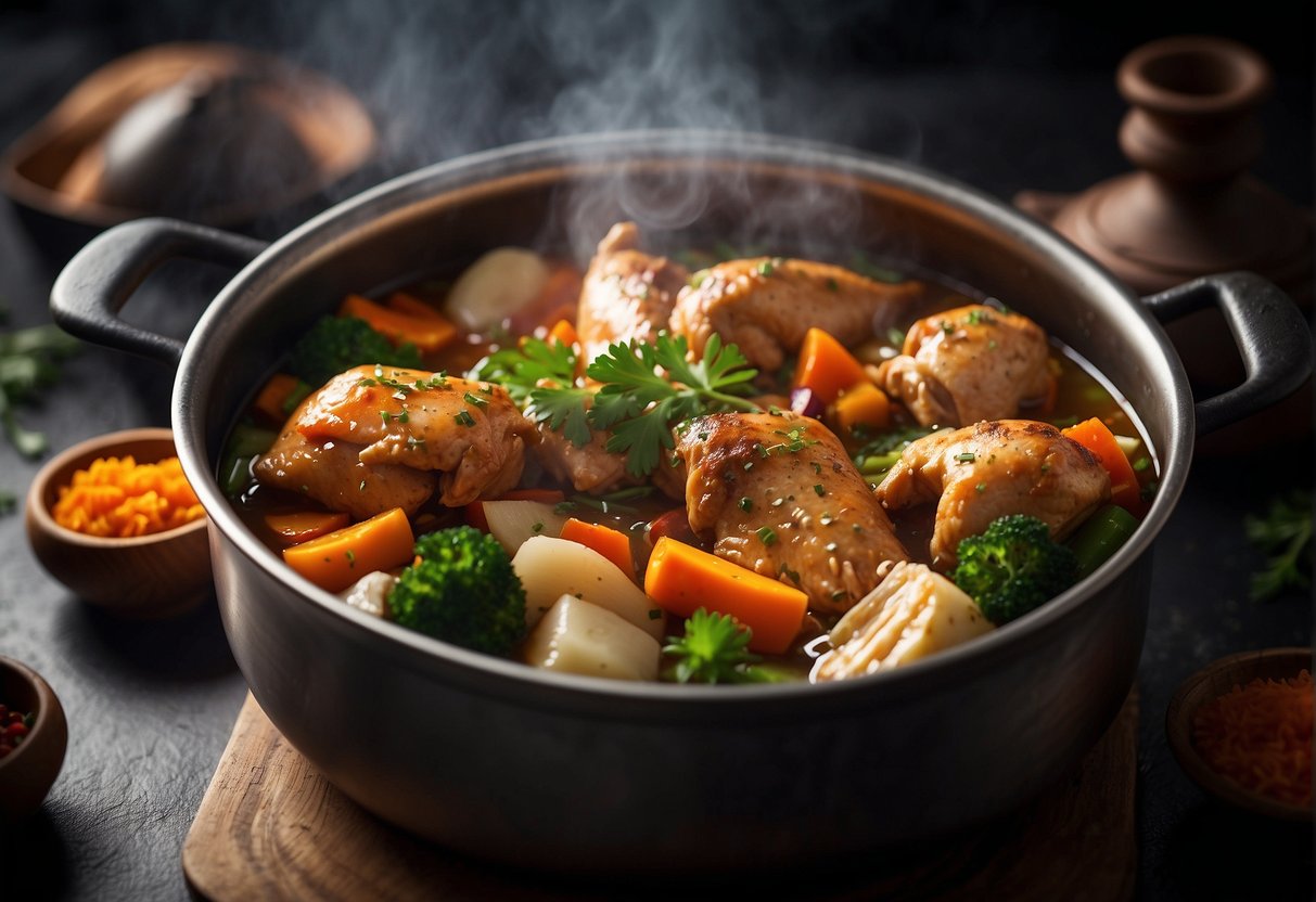 A pot of bubbling Chinese braised chicken and vegetables, surrounded by aromatic spices and herbs, steaming and ready to be served
