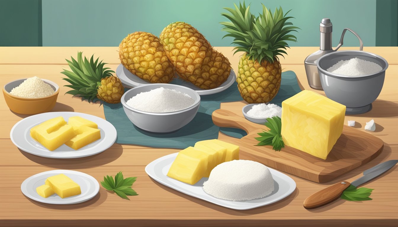 A table set with ingredients for making pineapple cakes, including fresh pineapples, flour, sugar, and butter. A chef's knife and cutting board are ready for preparation